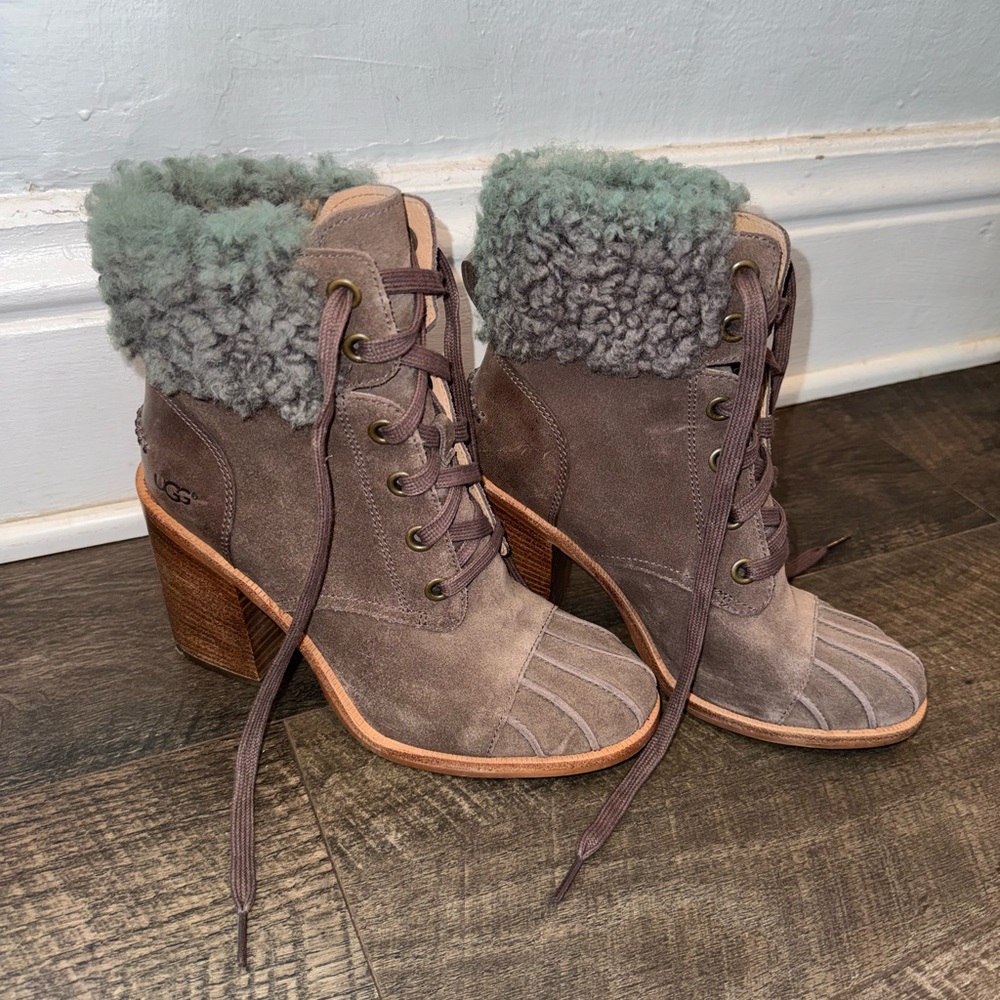 UGG Suede Lace-Up Shearling Ankle Boots
